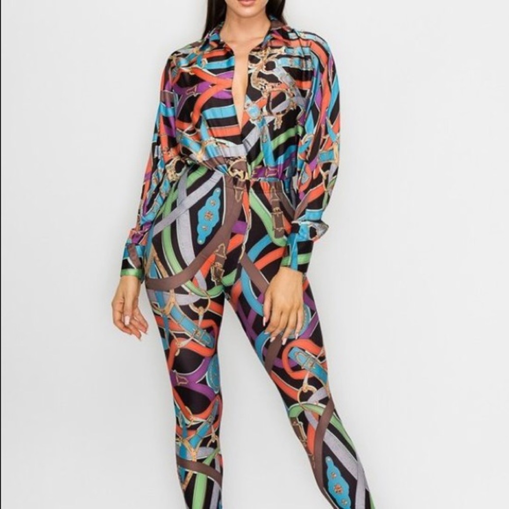 Multi Color Belt Print Bodysuit Two Piece Set